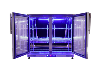 Included Whistler WMK-DDFC-WG refrigerator detail: open double doors showing shelves and blue interior lighting; component of this complete kitchen