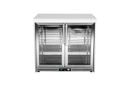 Included Whistler WMK-DDFC-WG refrigerator and cabinet detail: closed double glass doors and white countertop, viewed from the front; component of this complete kitchen