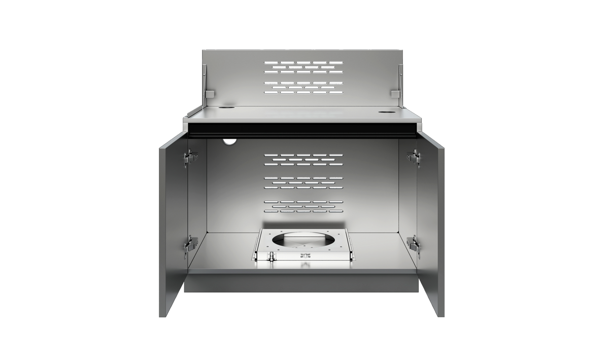 Included Whistler WMK-4GC-G 34-inch grill cabinet detail: doors open to show the cabinet interior and propane holder, with grill removed for visibility; component of this complete kitchen