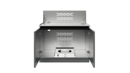 Included Whistler WMK-4GC-G 34-inch grill cabinet detail: doors open to show the cabinet interior and propane holder, with grill removed for visibility; component of this complete kitchen