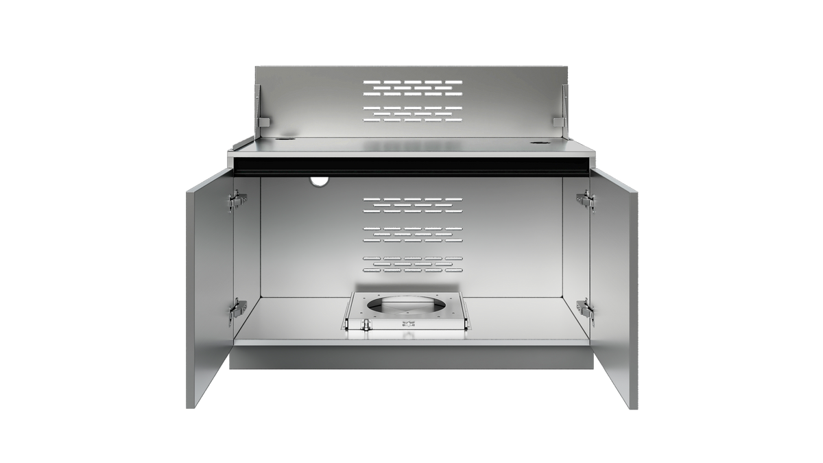 Included Whistler WMK-5GC-G 42-inch grill cabinet detail: doors open to show the cabinet interior and propane holder, with grill removed for visibility; component of this complete kitchen