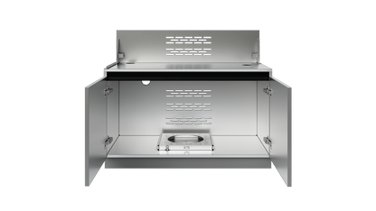 Included Whistler WMK-5GC-G 42-inch grill cabinet detail: doors open to show the cabinet interior and propane holder, with grill removed for visibility; component of this complete kitchen