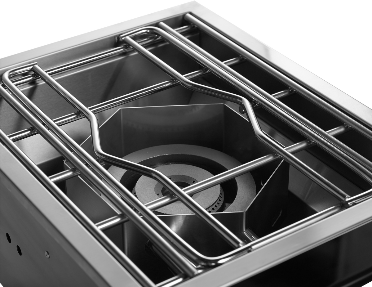 Whistler stainless steel power burner folding cooking grate and dual-ring burner detail