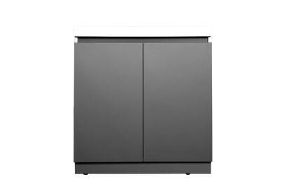 Included Whistler WMK-DDC-WG storage cabinet detail: closed double doors, grey cabinet and white countertop viewed from the front; component of this complete kitchen