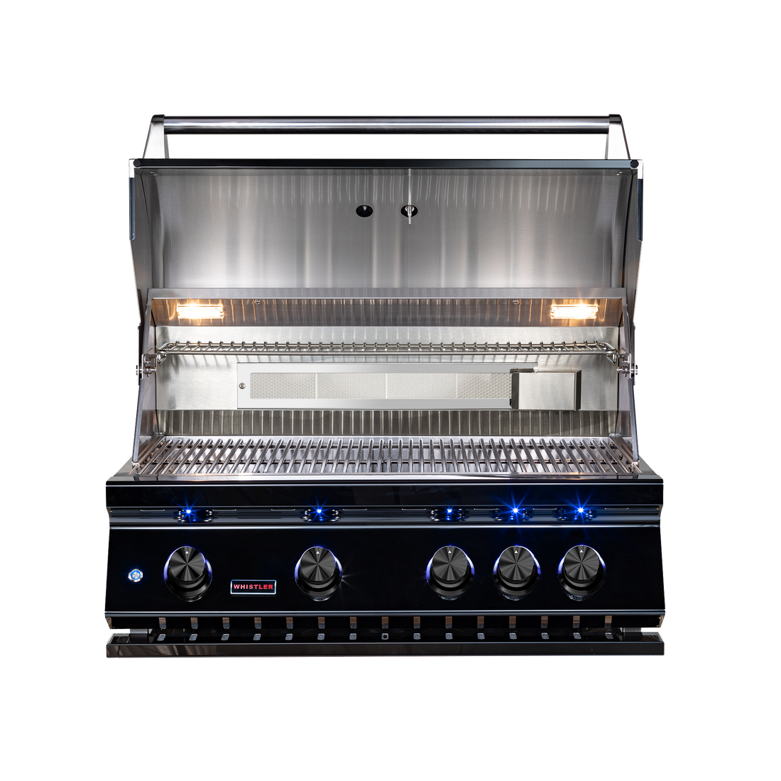 Whistler Black Series 4-Burner Built-In Gas Grill | CBB4-B-LP/NG: Black Series grill with the hood open