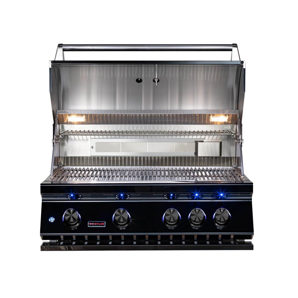 Included Whistler CBB4-B-LP/NG grill detail: open hood showing cooking area; component of this complete kitchen