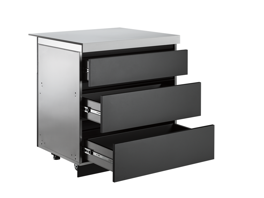 Whistler White and Grey Triple Drawer Cabinet | WMK-TDC-WG: All three drawers open to show the storage layout