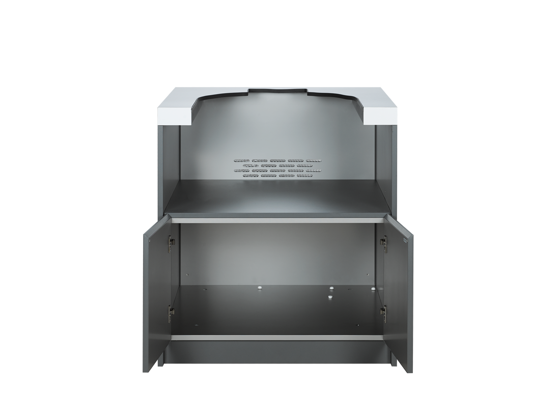 Whistler White and Grey Ceramic Egg Cabinet | WMK-CEC-WG: Storage compartment open. Ceramic smoker sold separately