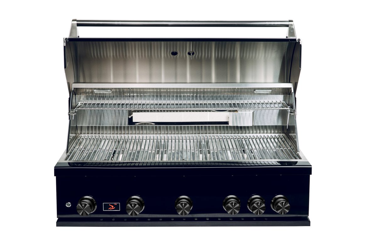 Included Whistler CBB500-B-LP/NG grill detail: open hood showing cooking area; component of this complete kitchen