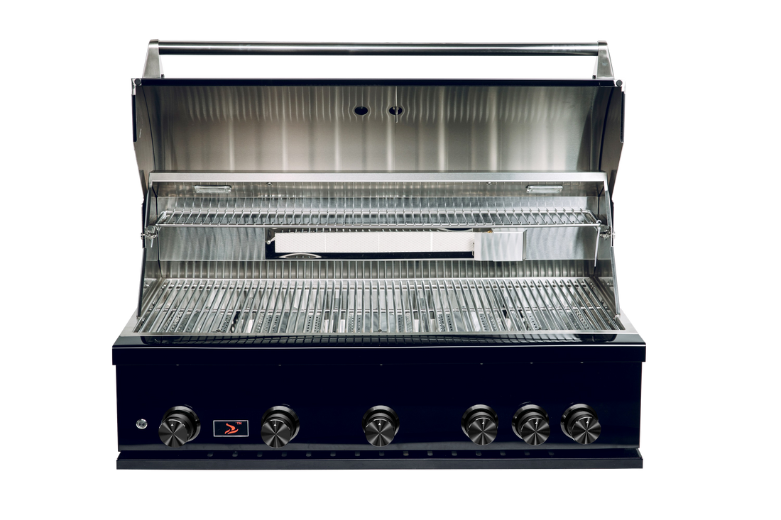 Whistler Black Series 5-Burner Complete Outdoor Kitchen | CBB500-B 4-Module Set: Included grill: cooking area with the hood open