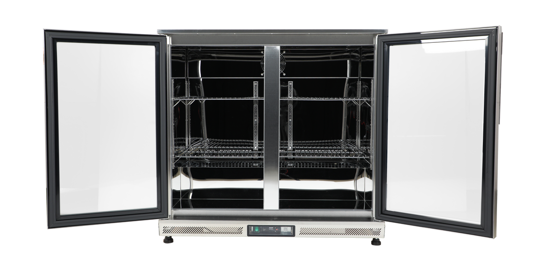 Whistler Black Series 4-Burner Complete Outdoor Kitchen | CBB4-B 5-Module Cooking & Storage Set: Included refrigerator: interior shelves with the doors open