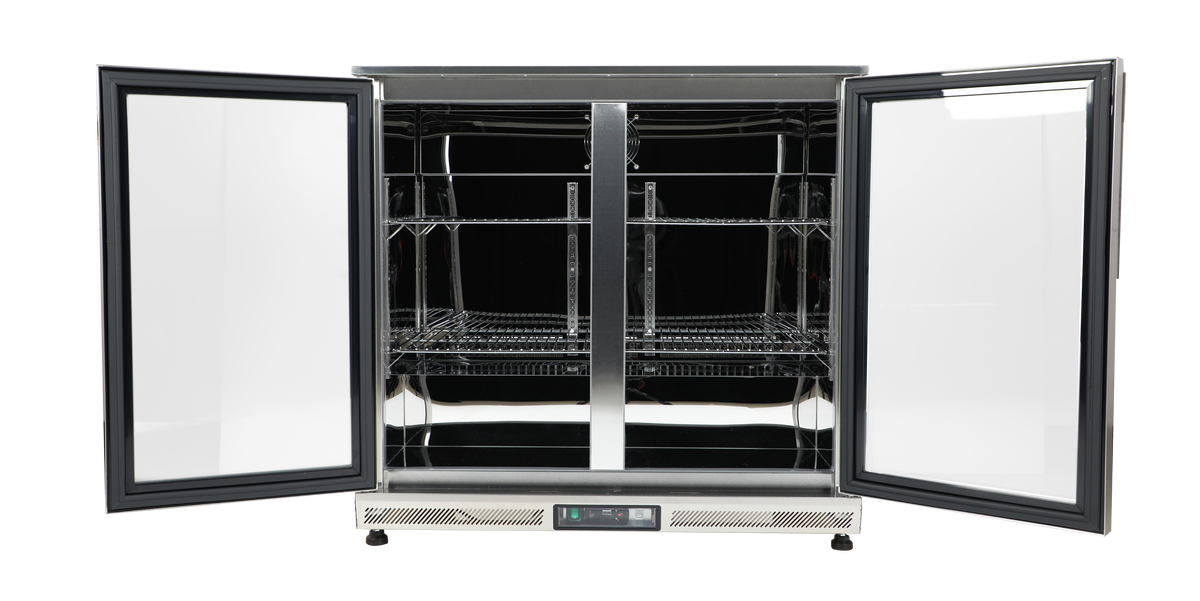 Included Whistler WMK-DDFC-WG refrigerator detail: both doors open showing interior shelves; component of this complete kitchen