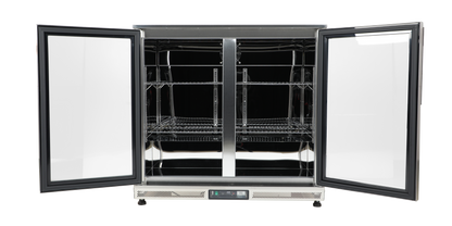 Included Whistler WMK-DDFC-WG refrigerator detail: both doors open to show interior shelves; component of this complete kitchen