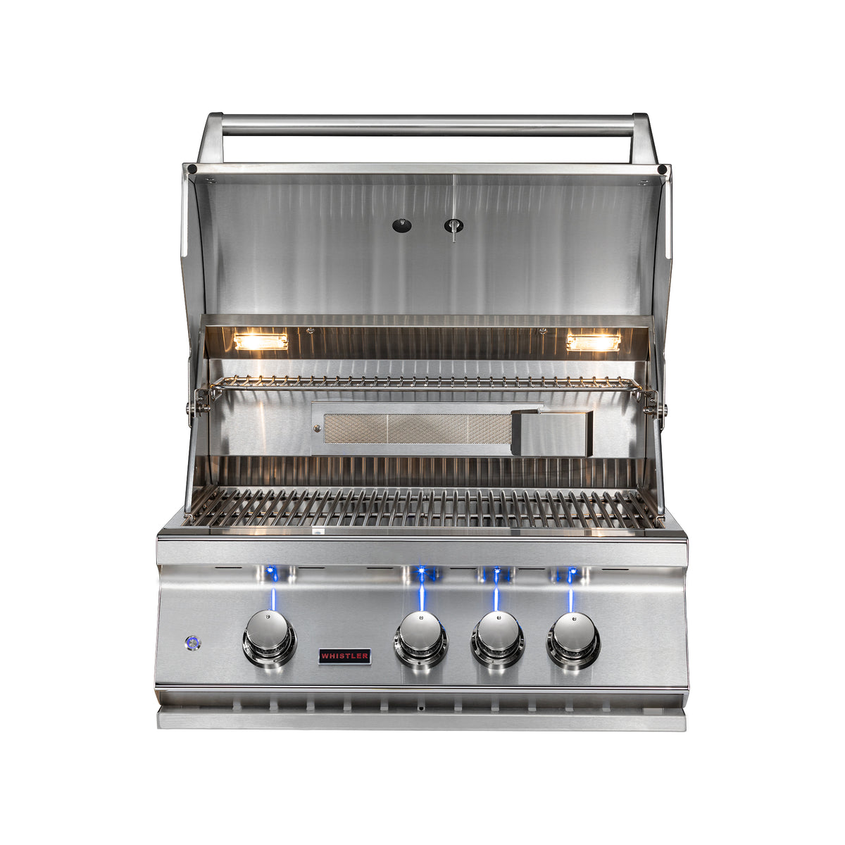 Whistler CBB3-LP/NG — open hood showing cooking grates, warming rack and interior lights
