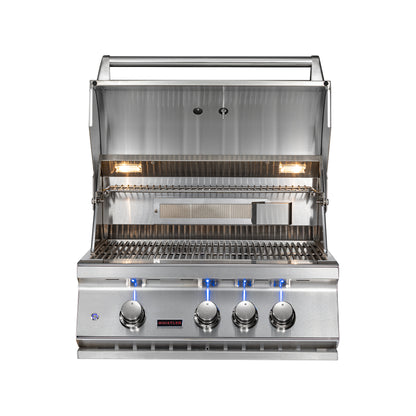 Whistler CBB3-LP/NG — open hood showing cooking grates, warming rack and interior lights