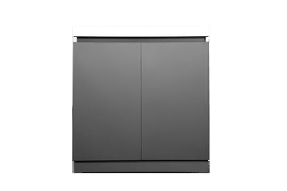 Included Whistler WMK-DDC-WG double-door storage cabinet: full view of the grey cabinet and white countertop; component of this complete kitchen