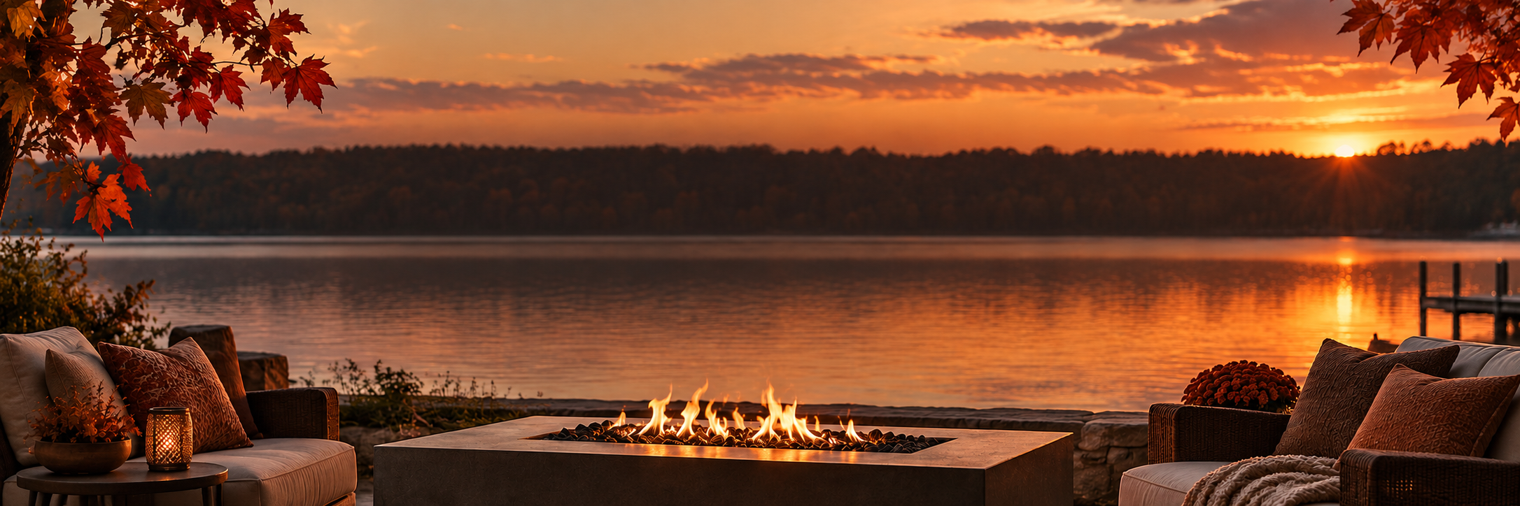Autumn sunset over a lake with an outdoor fire table